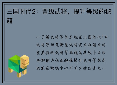 三国时代2：晋级武将，提升等级的秘籍